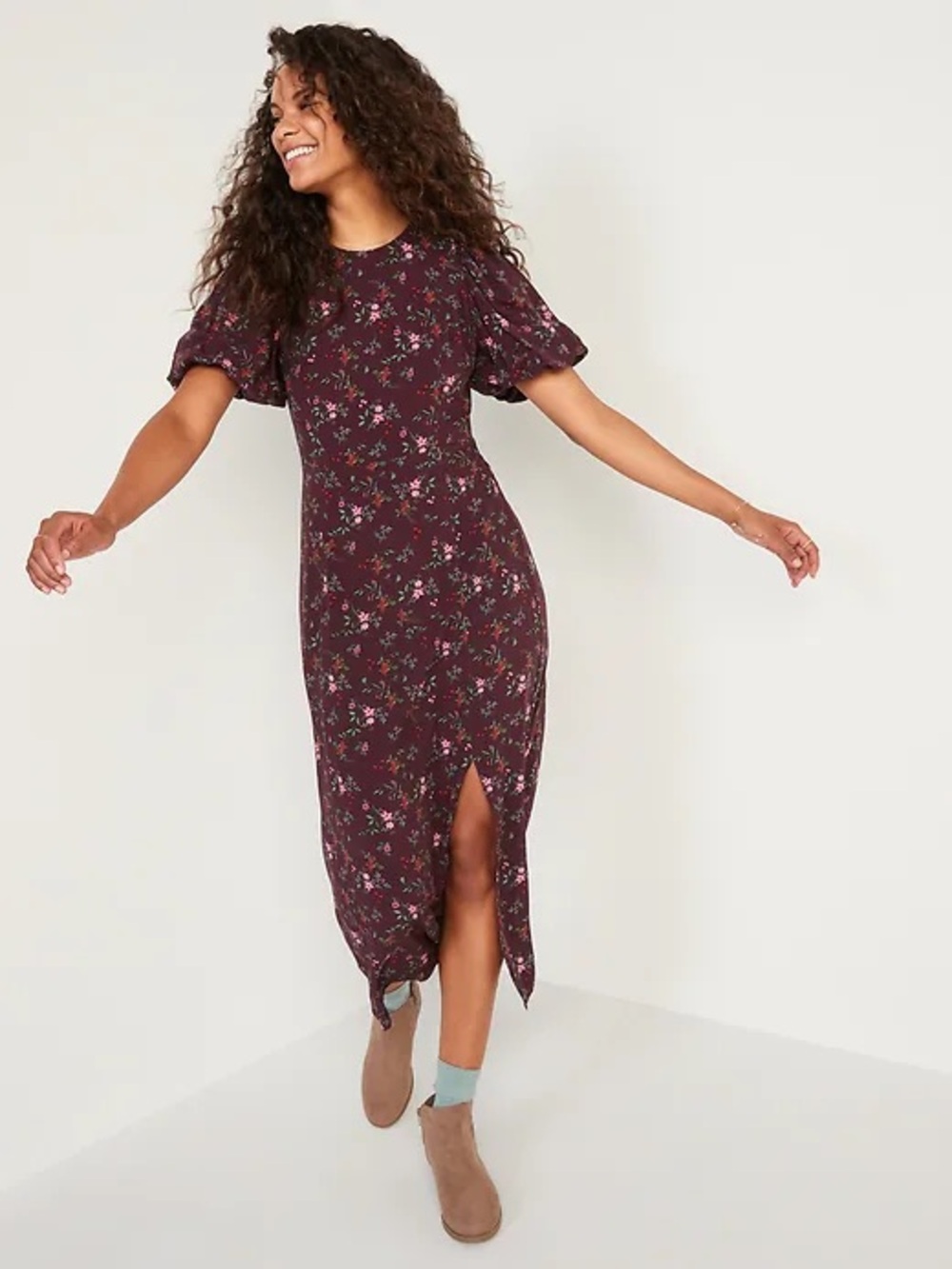 Old Navy Floral Puff-Sleeve Midi Dress in Burgundy